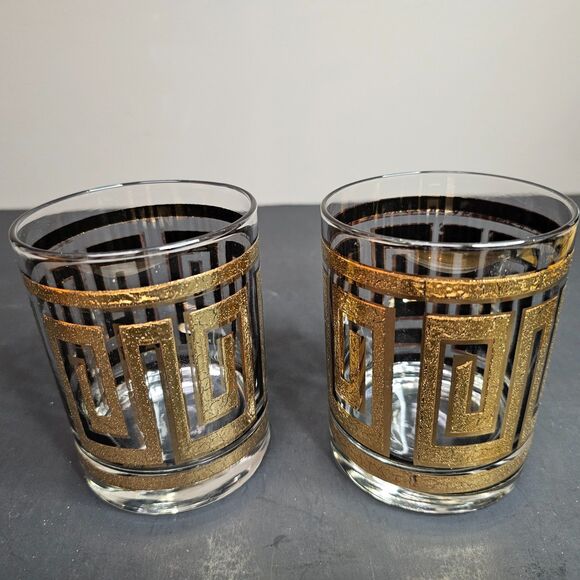 Culver Greek Key Old-Fashioned Set of 2 Glasses 22k Gold Lowball MCM Barware Vtg - Picture 1 of 7